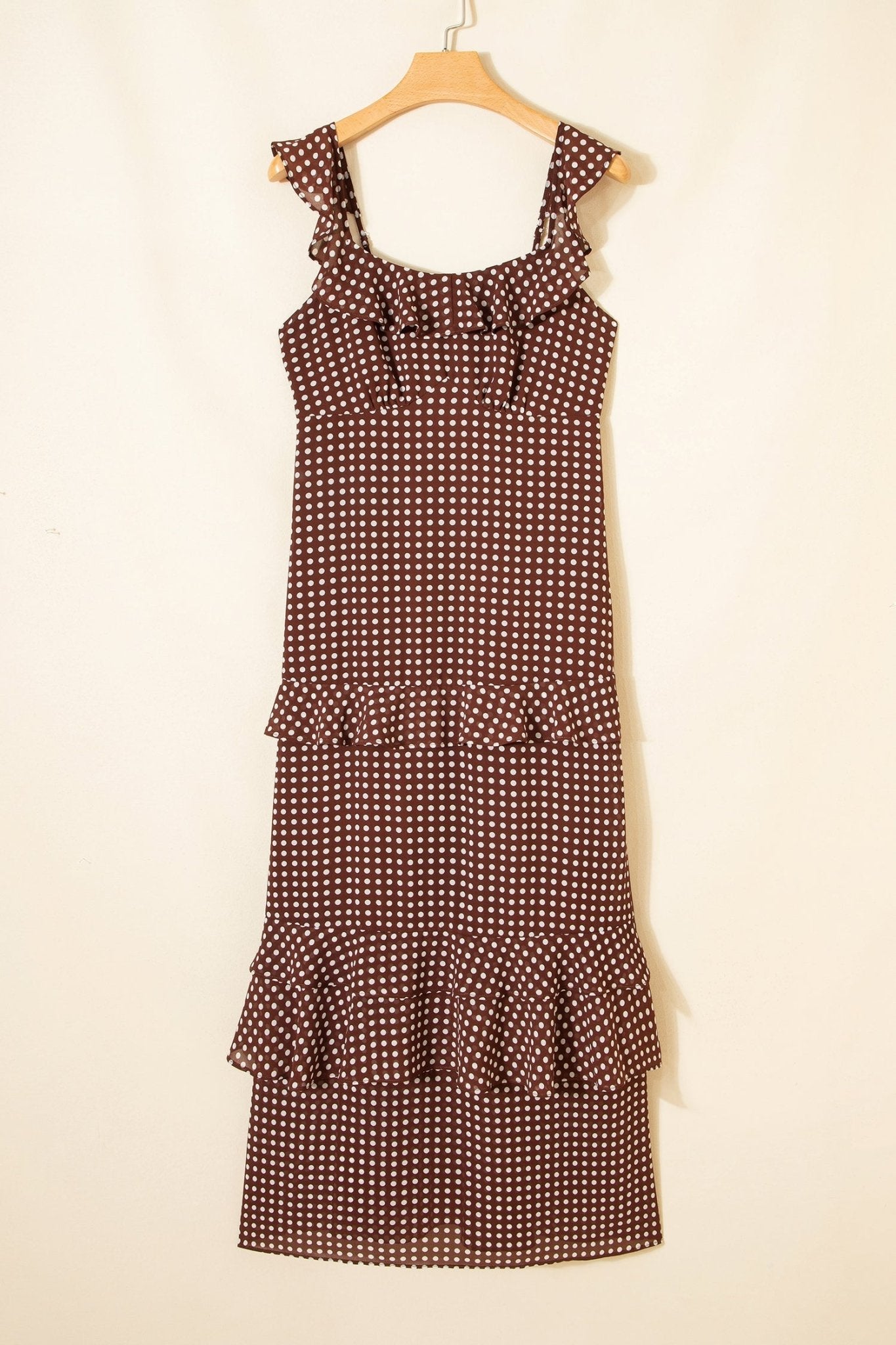 Coffee Polka Dot Print Backless Ruffled Tiered Maxi Dress - Loving It Shop