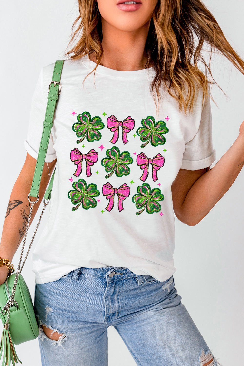 White St Patrick Shamrock Bowknot Printed Crewneck Tee - Loving It Shop