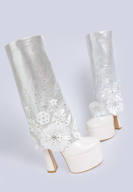 Sundra Floral Applique Platform Heeled Boots