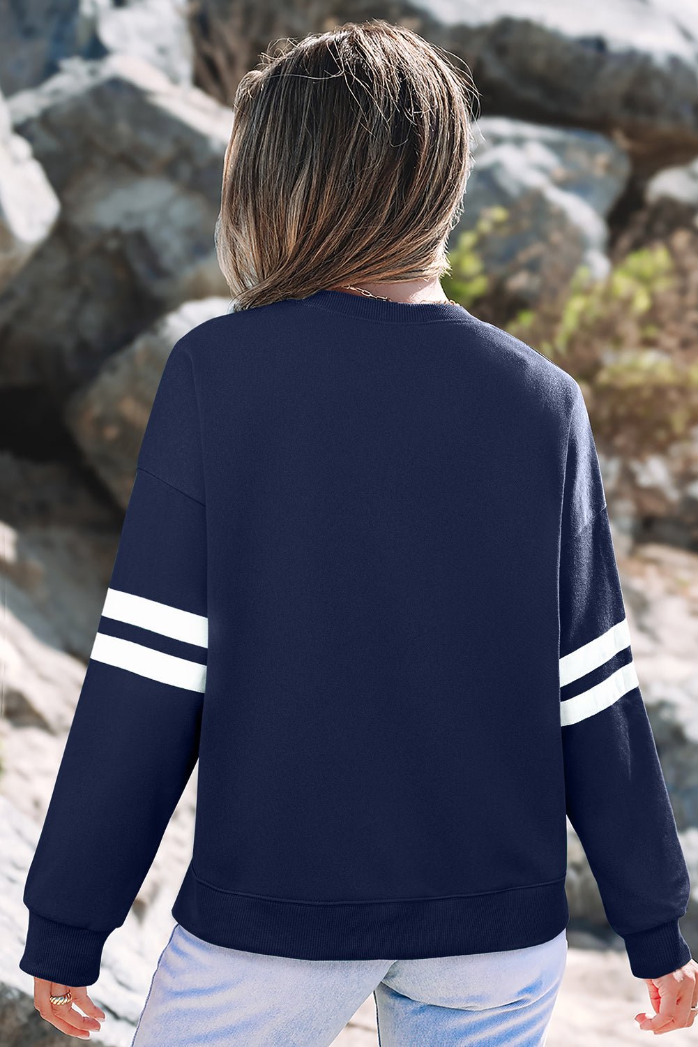 Navy Blue Varsity Striped Detail Drop Shoulder Oversized Sweatshirt - Loving It Shop