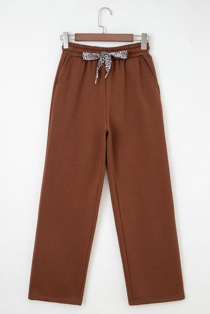 Coffee Fleece Lined Leopard Drawstring Elastic Waist Solid Pants