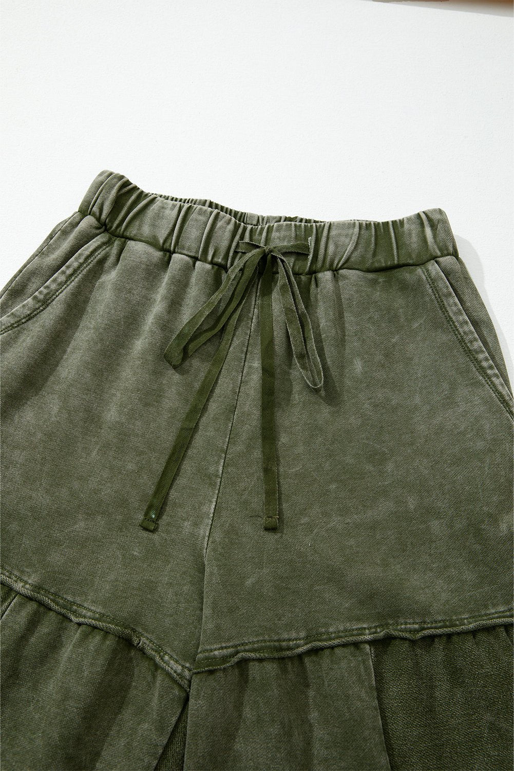 Vineyard Green Mineral Wash Tiered Wide Leg Patchwork Drawstring Pants - Loving It Shop