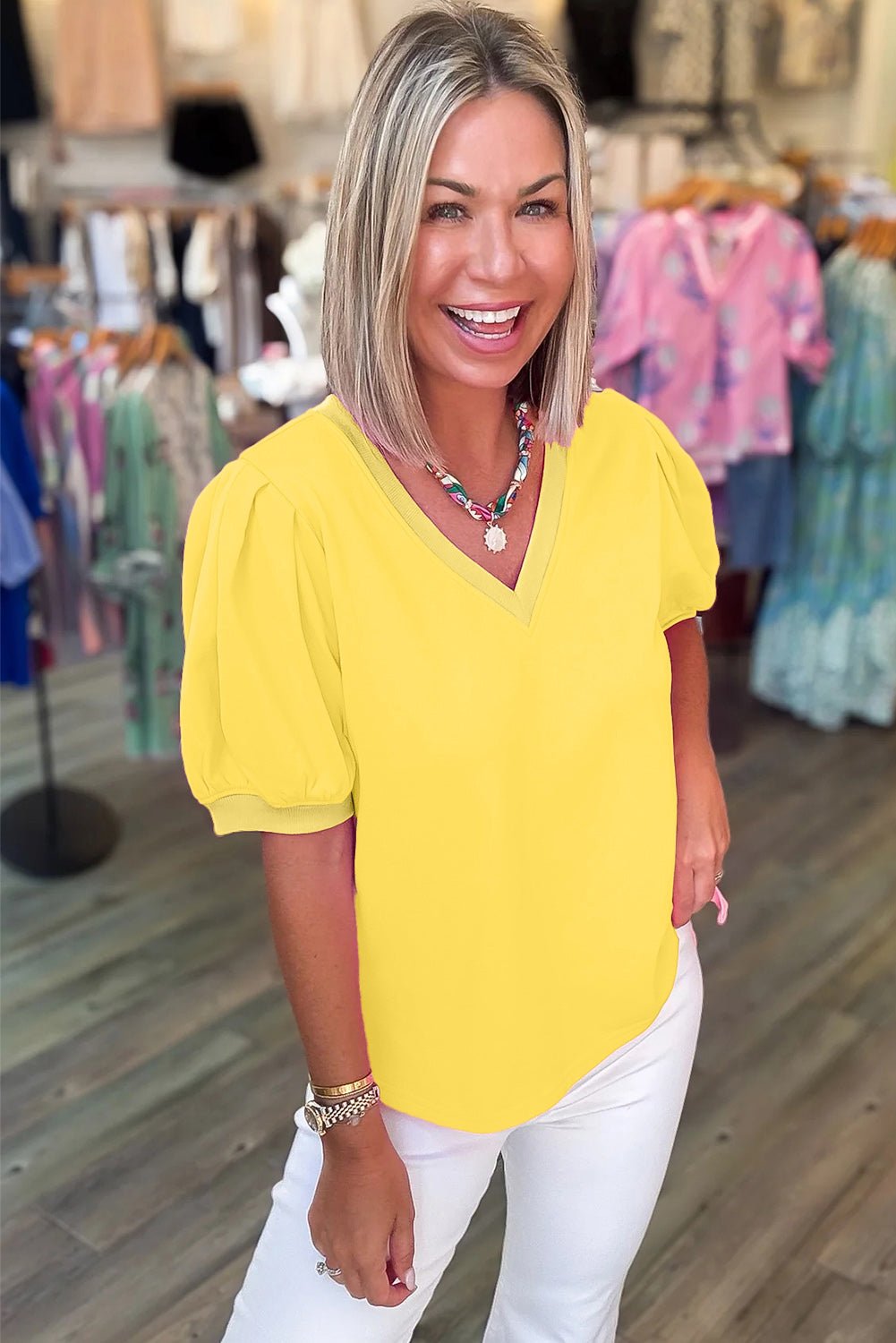 Yellow Solid Color V Neck Short Puff Sleeve Blouse - Loving It Shop
