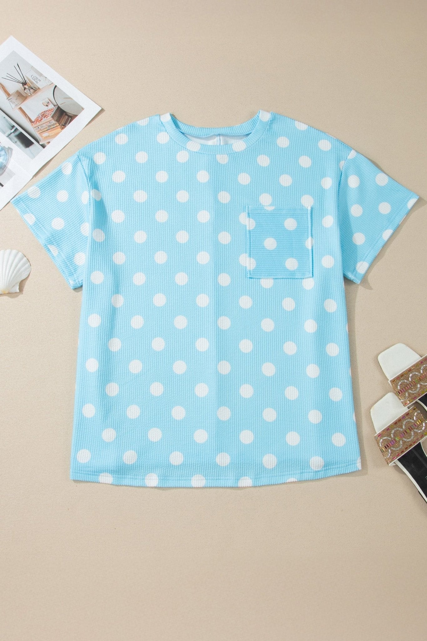Sky Blue Twisted Rib Polka Dot Print Plus Size T Shirt - Loving It Shop