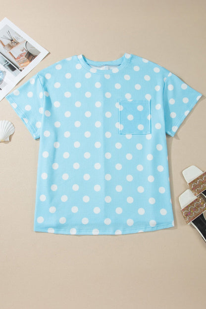 Sky Blue Twisted Rib Polka Dot Print Plus Size T Shirt - Loving It Shop