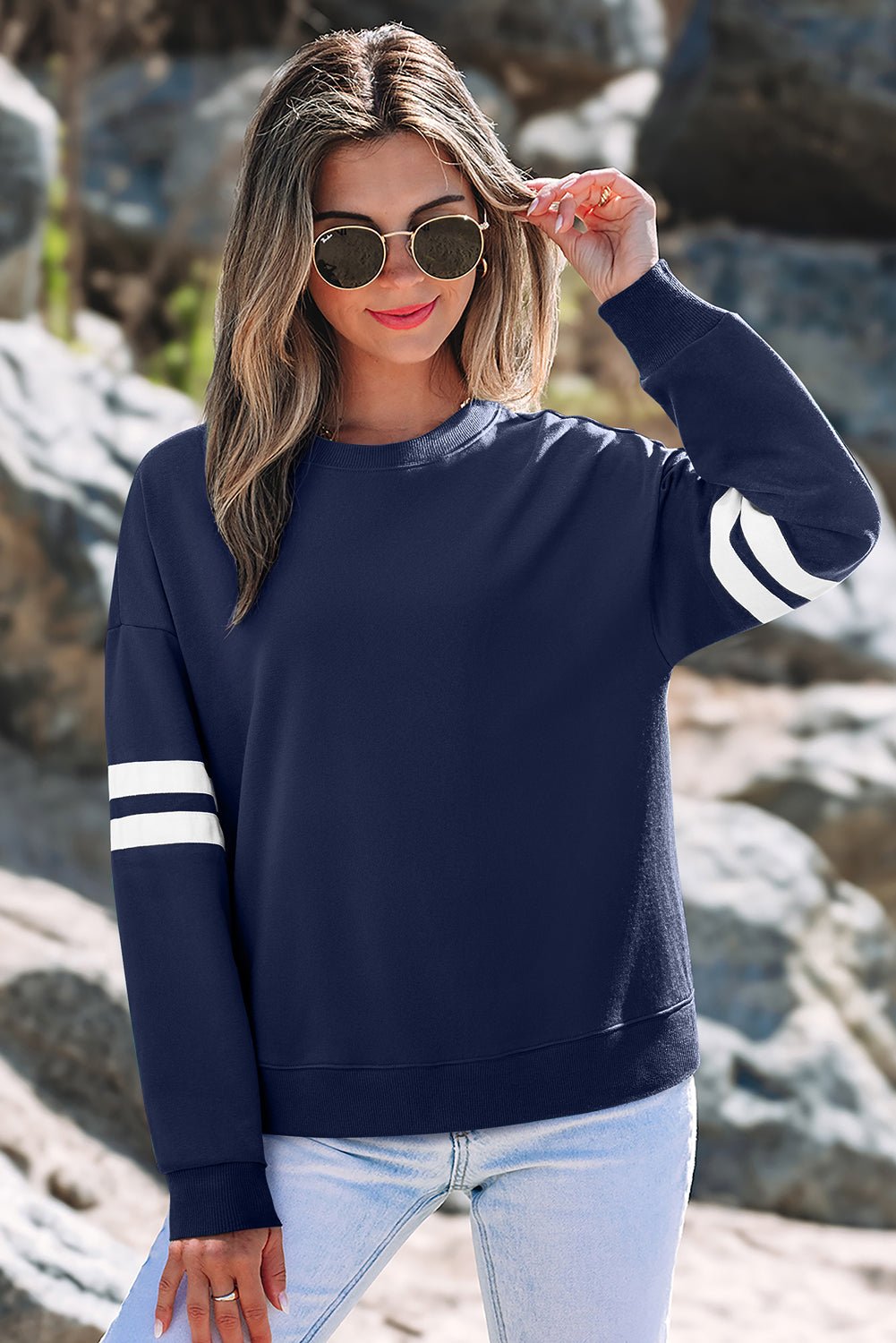 Navy Blue Varsity Striped Detail Drop Shoulder Oversized Sweatshirt - Loving It Shop