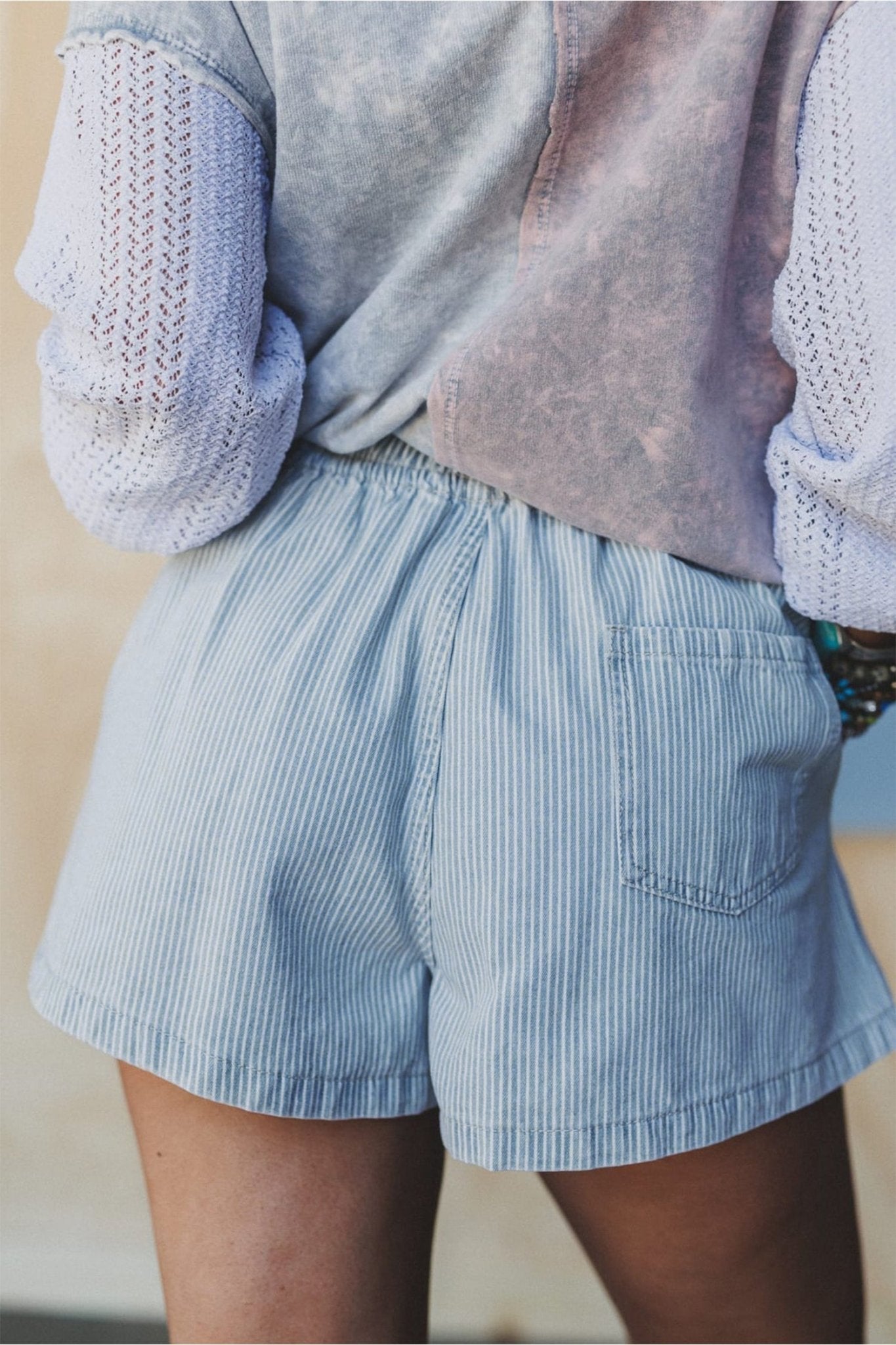 Sky Blue Stripe Drawstring Elastic Waist Casual Denim Shorts - Loving It Shop