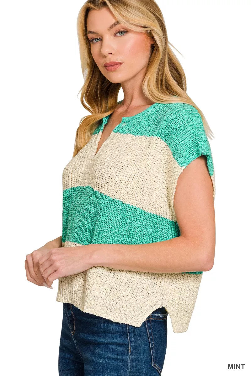 Split Neck Sleeveless Stripe Sweater