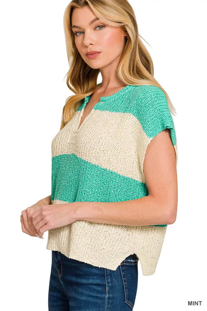 Split Neck Sleeveless Stripe Sweater