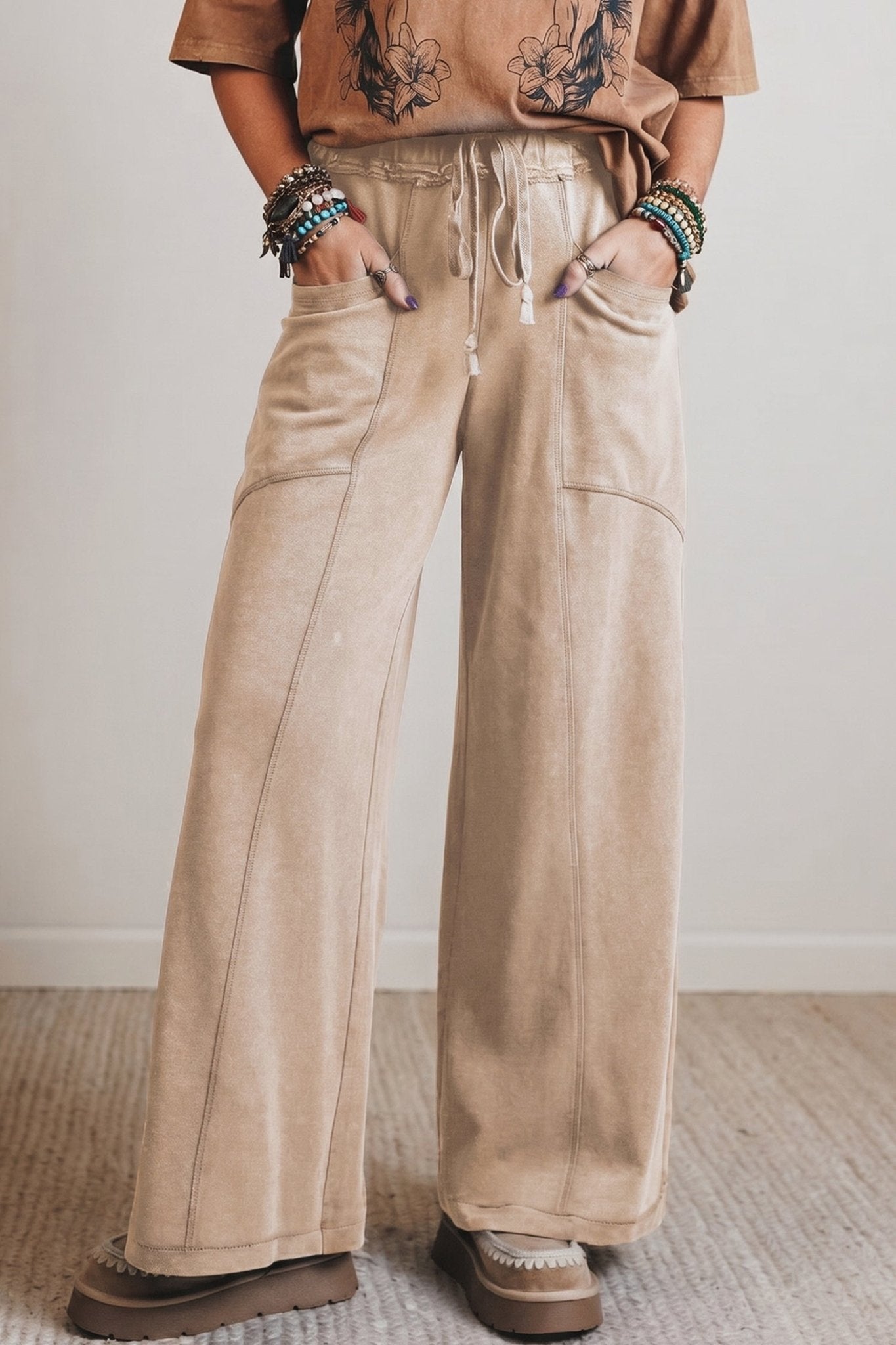 Smoke Gray Mineral Wash Drawstring Retro High Waist Wide Leg Western Pants - Loving It Shop