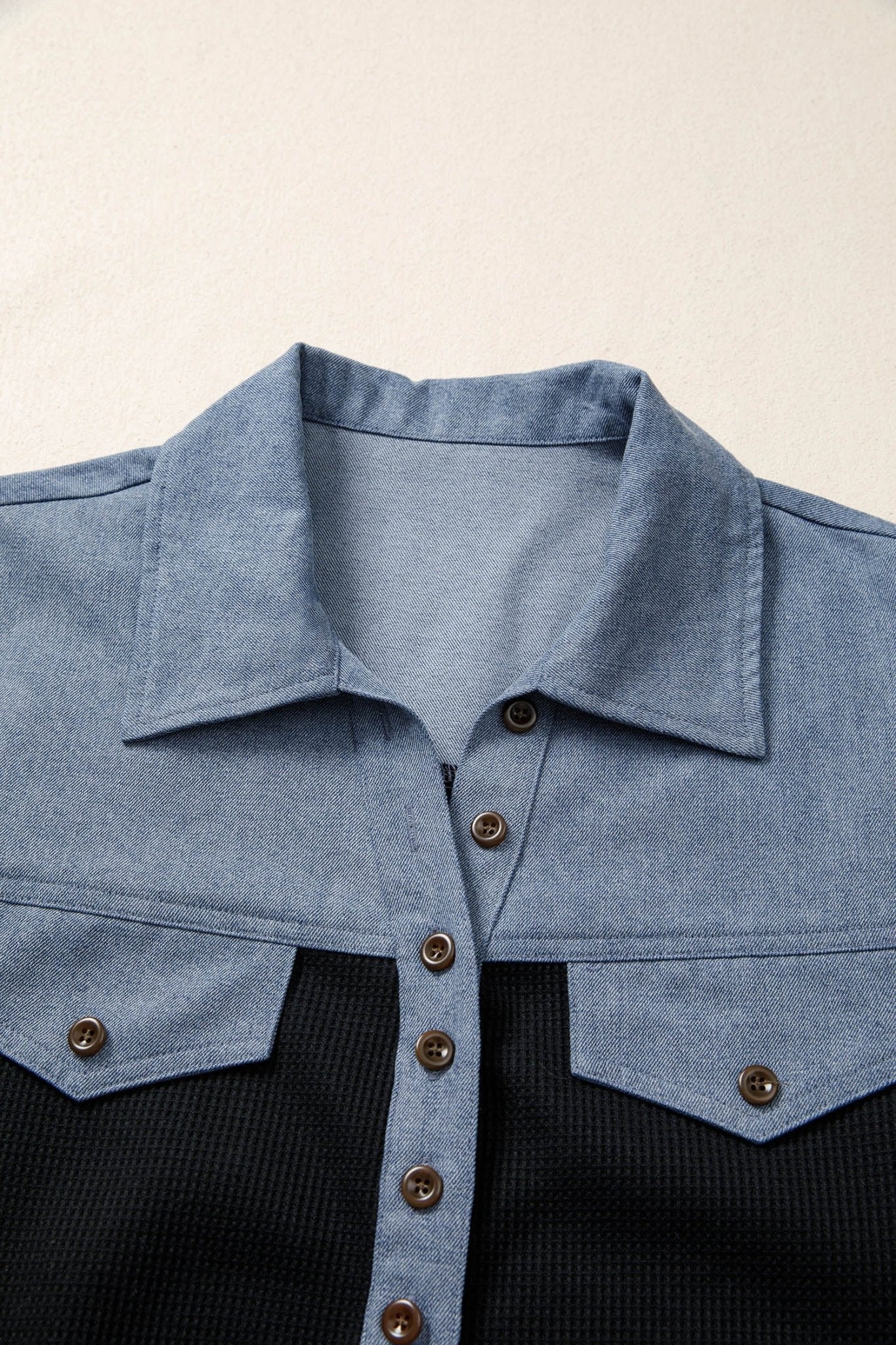 Black Waffle Knit Denim Color Block Patchwork Button Flap Polo Top - Loving It Shop