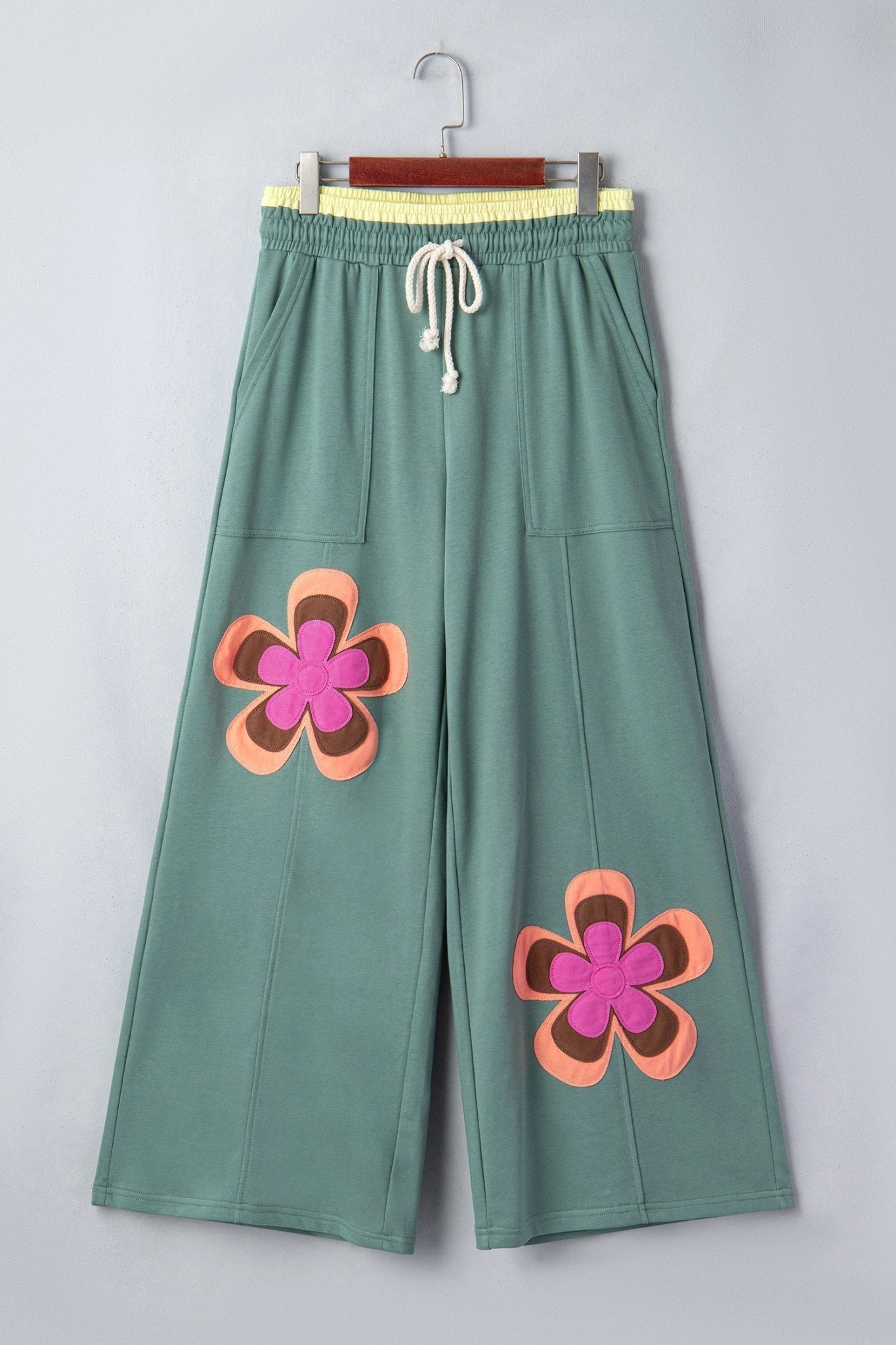 Sea Green Color Block Flower Patchwork Drawstring Contrasted Elastic Waist Wide Leg Pants - Loving It Shop