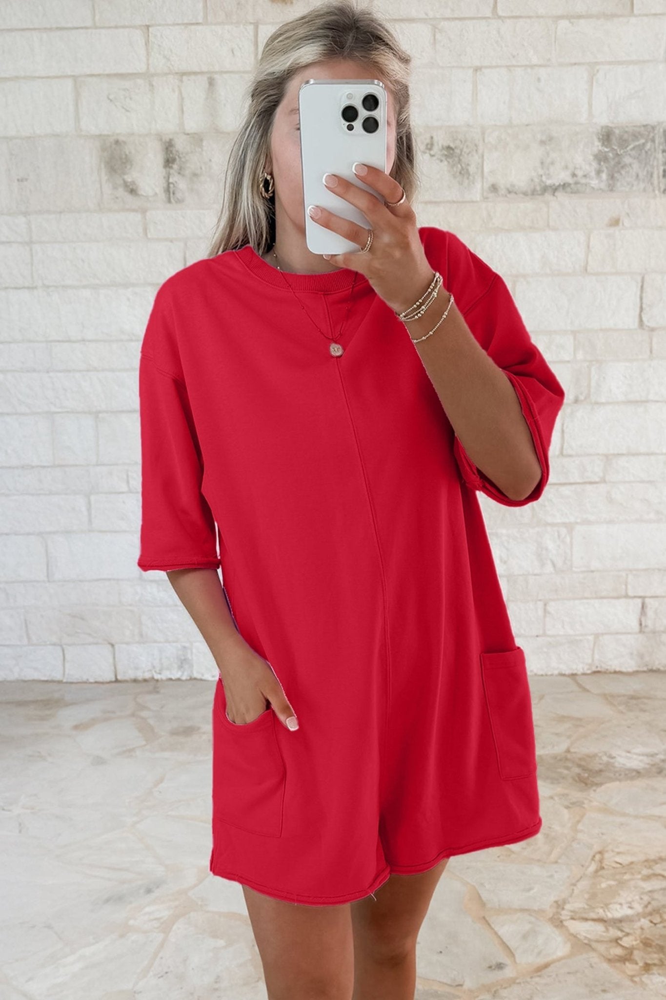 Fiery Red Solid Color Raw Edge Half Sleeve Pocketed Loose Romper - Loving It Shop