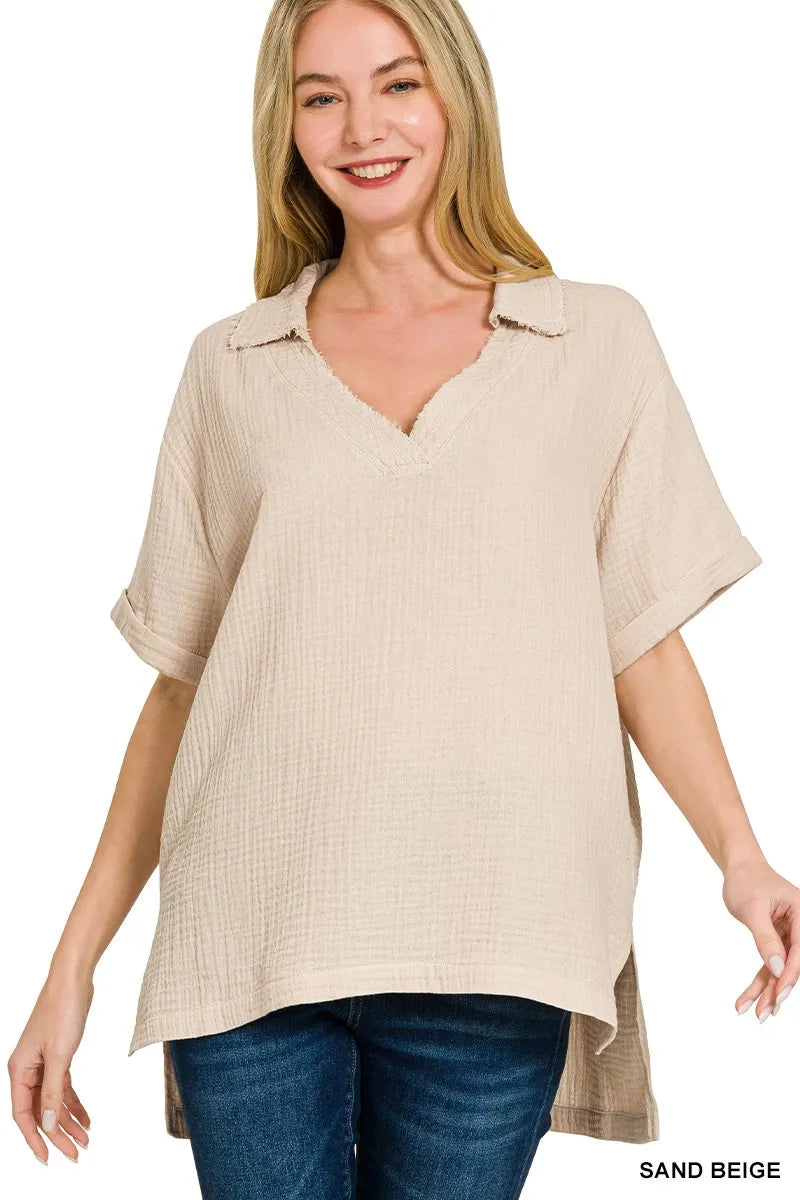 Double Gauze Short Sleeve High-Low Top