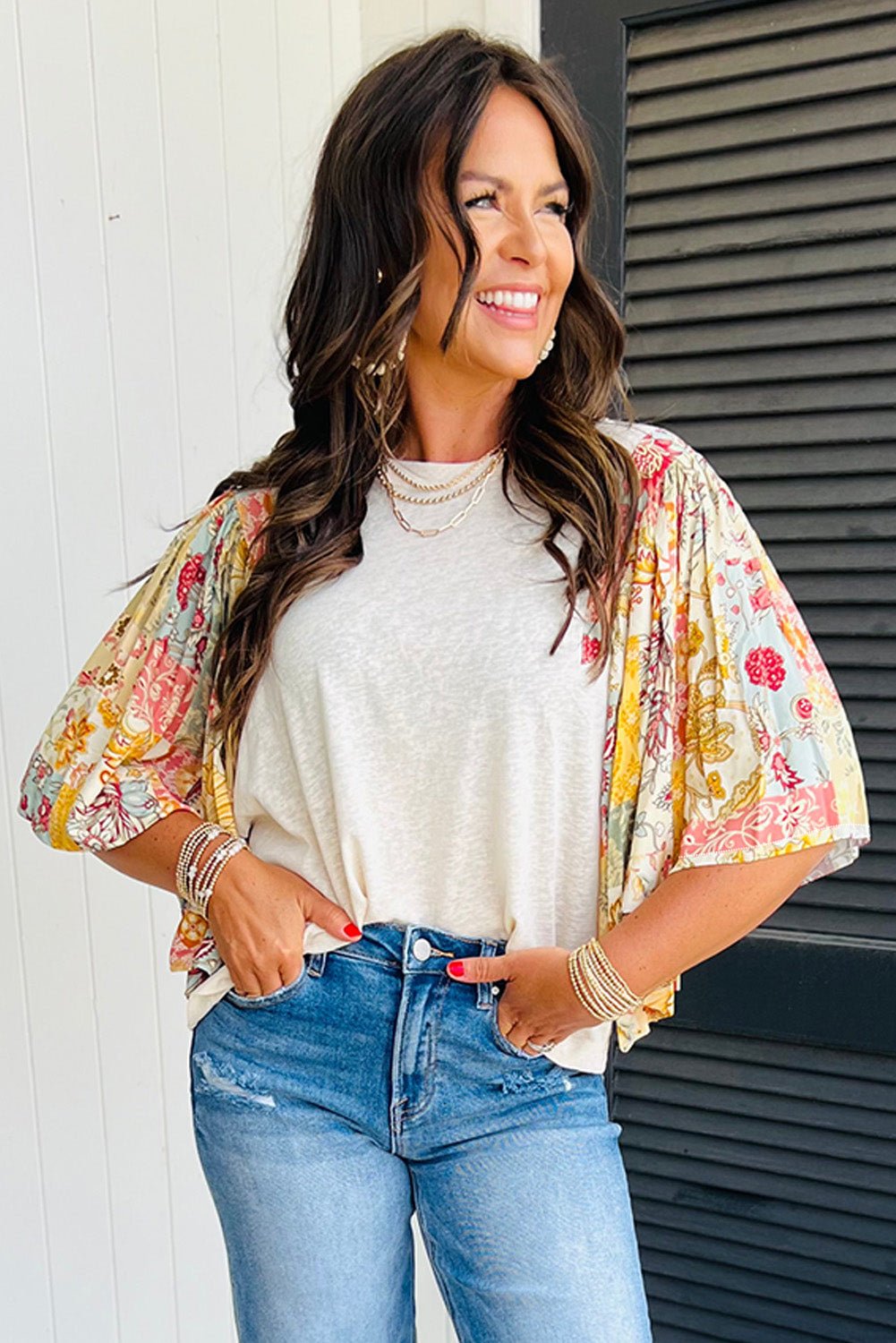 Beige Floral Patchwork Half Batwing Sleeve Blouse - Loving It Shop