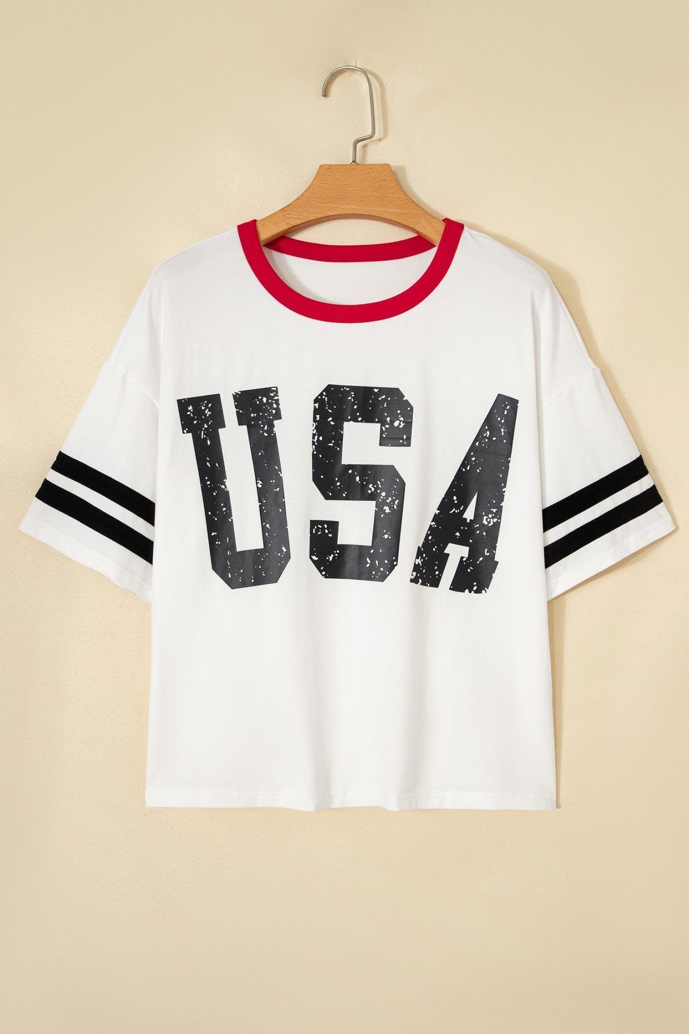 White USA Letter Printed Varsity Striped Sleeve Round Neck Tee - Loving It Shop