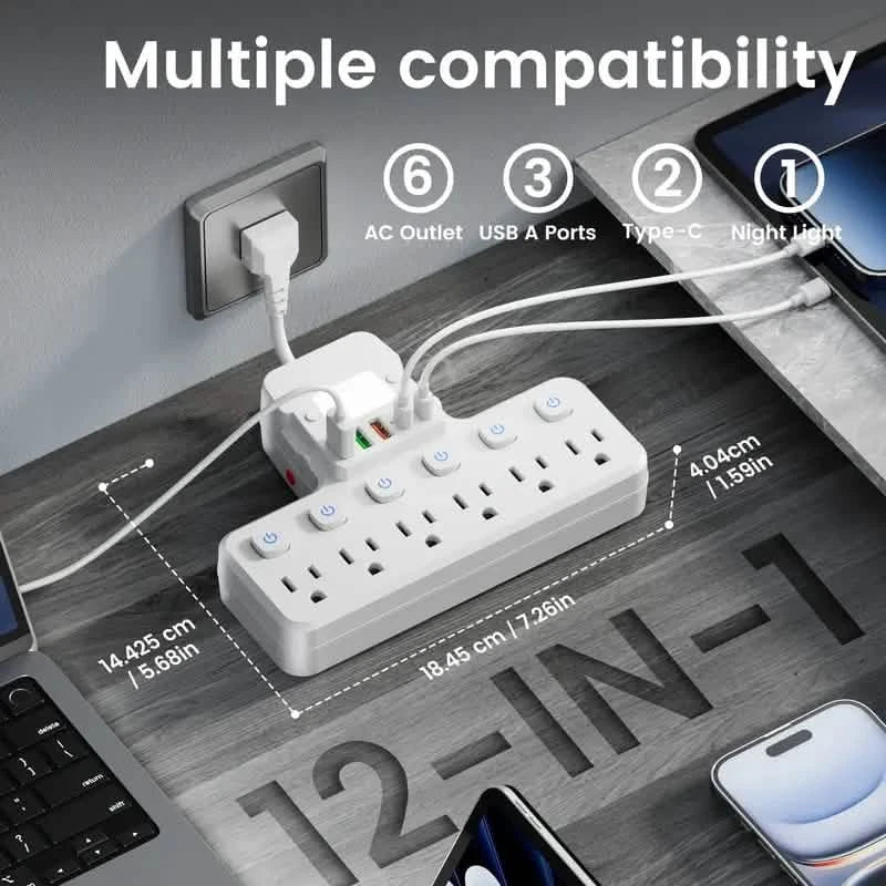 12-in-1 Adjustable Desk Lamp Power Strip – 6 AC Outlets, 3 USB-A &amp; 2 Type-C Ports, Surge Protection