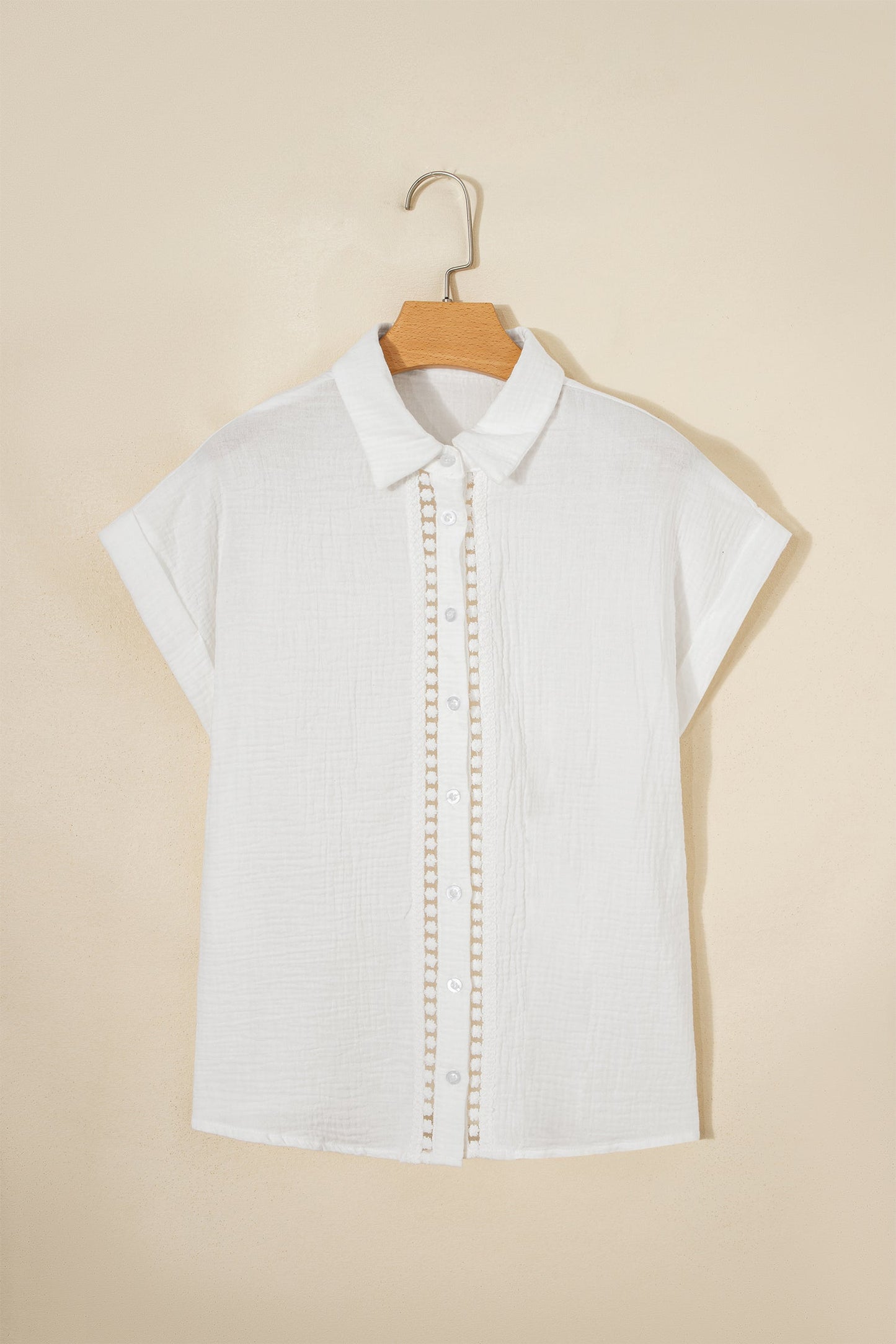 White Lace Trim Cuffed Short Sleeve Textured Shirt