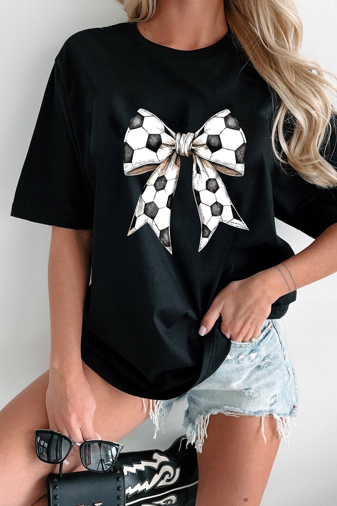Black Soccer Bow Graphic Casual Summer Tee - Loving It Shop