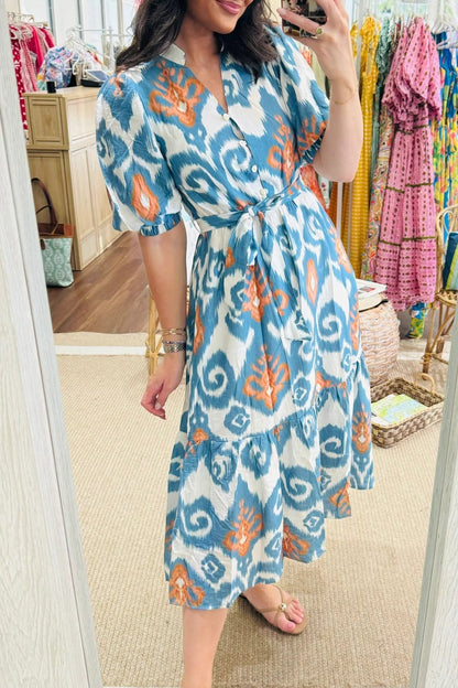 Sky Blue Boho Floral Print Short Puff Sleeve Button Down Ruffle Hem Midi Dress - Loving It Shop