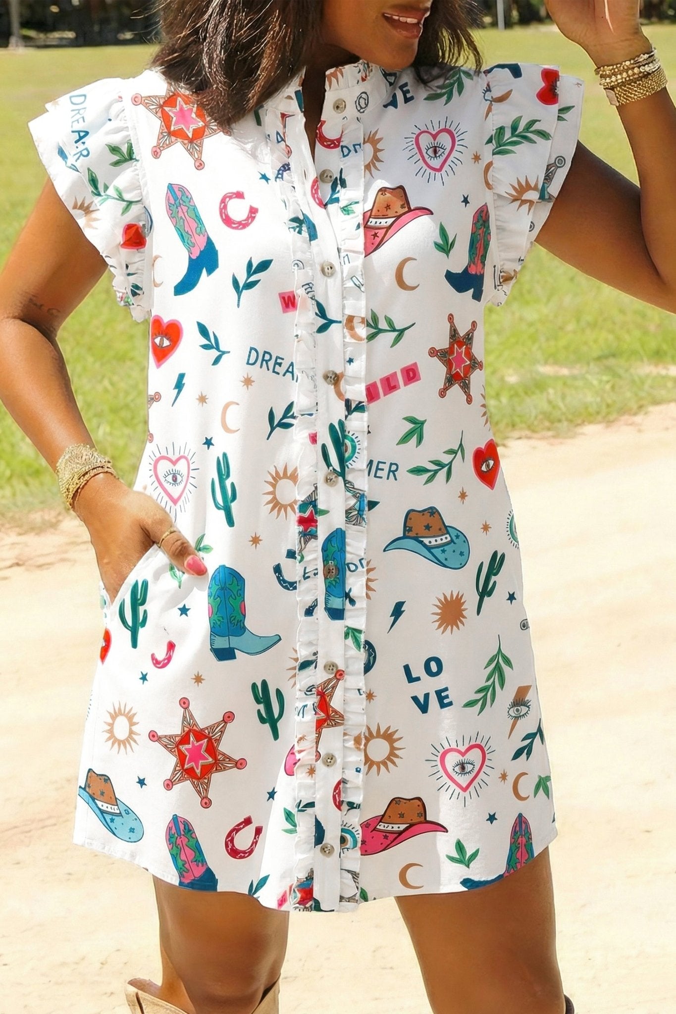 White Western Print Flutter Sleeve Button Down Mini Dress - Loving It Shop