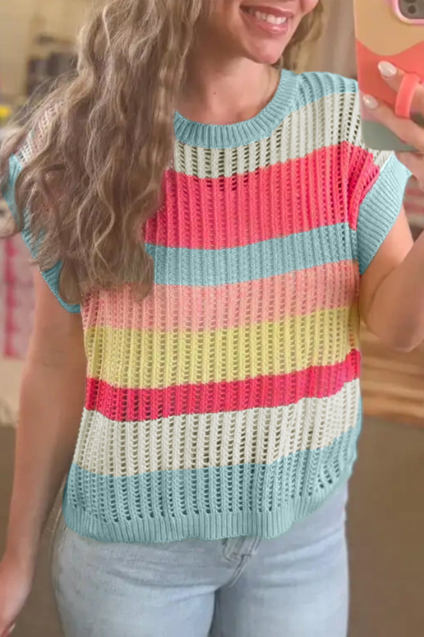 Green Stripe Color Block Hollow Out Knit Short Sleeve Sweater