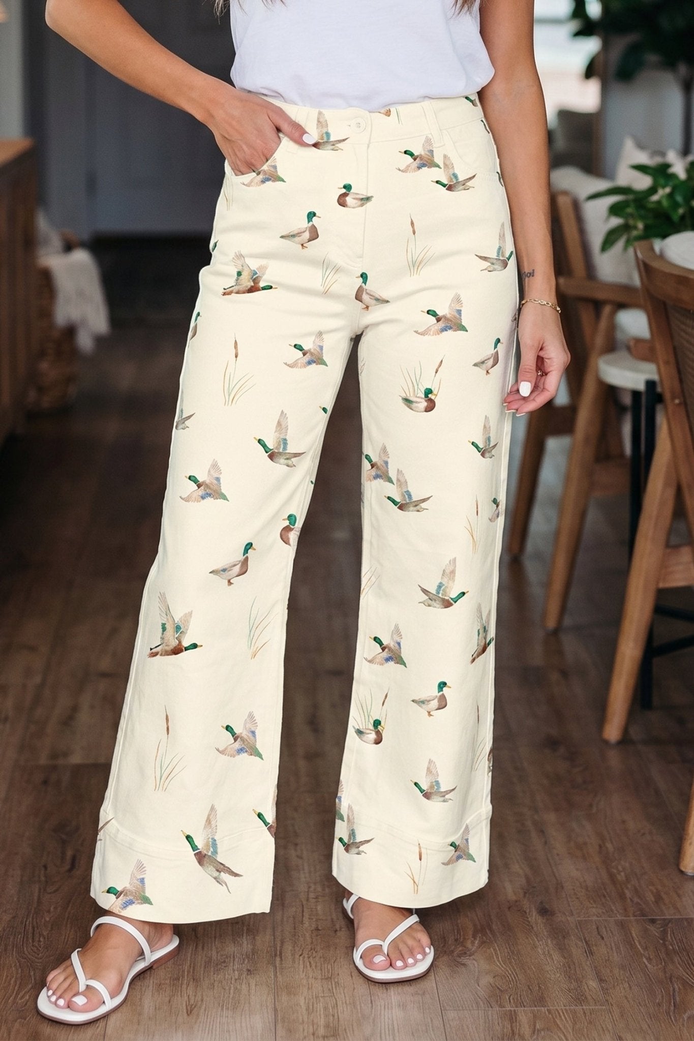 Beige Stylish Mallard Printed Cuffed Hem Shift Jeans - Loving It Shop