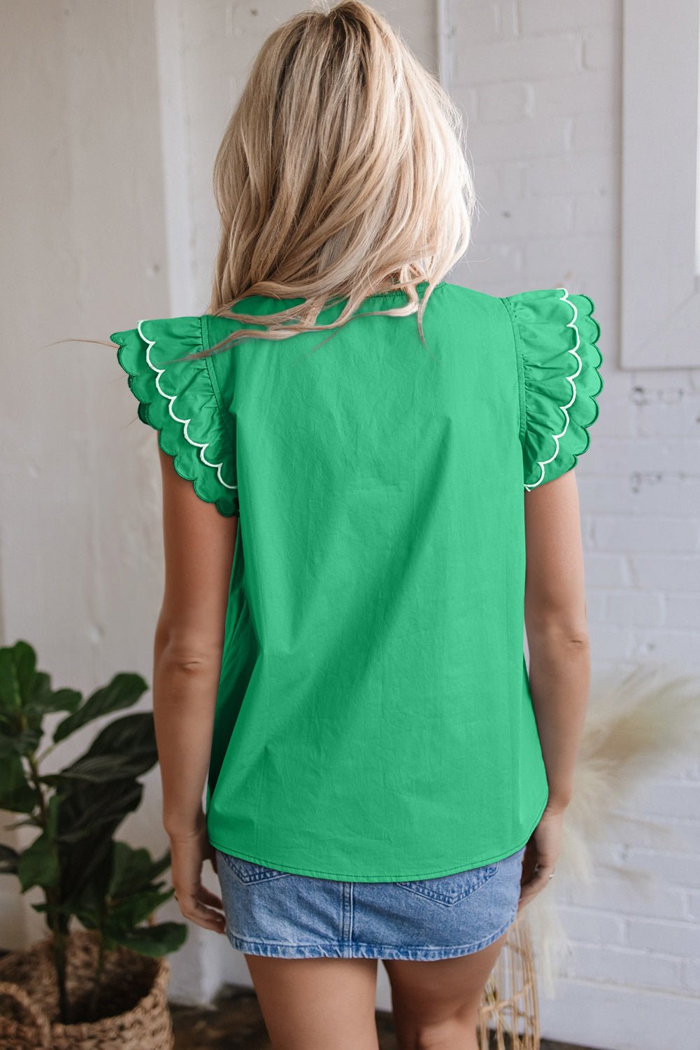 Bright Green Contrast Scallop Trim Layered Short Sleeve V Neck Blouse - Loving It Shop