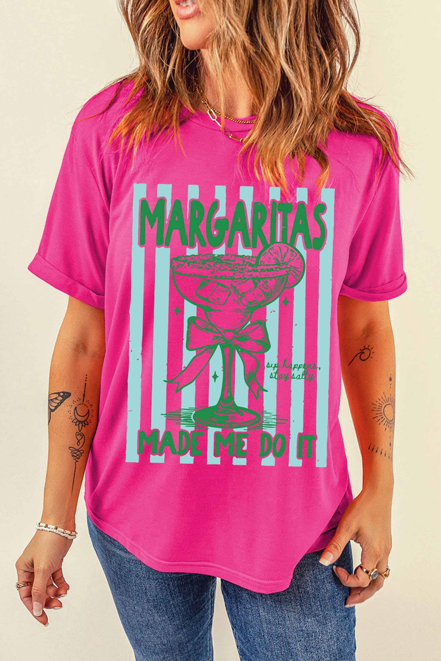 Rose Red Margaritas Made Me Do It Striped Graphic Beach Vacation Tee - Loving It Shop