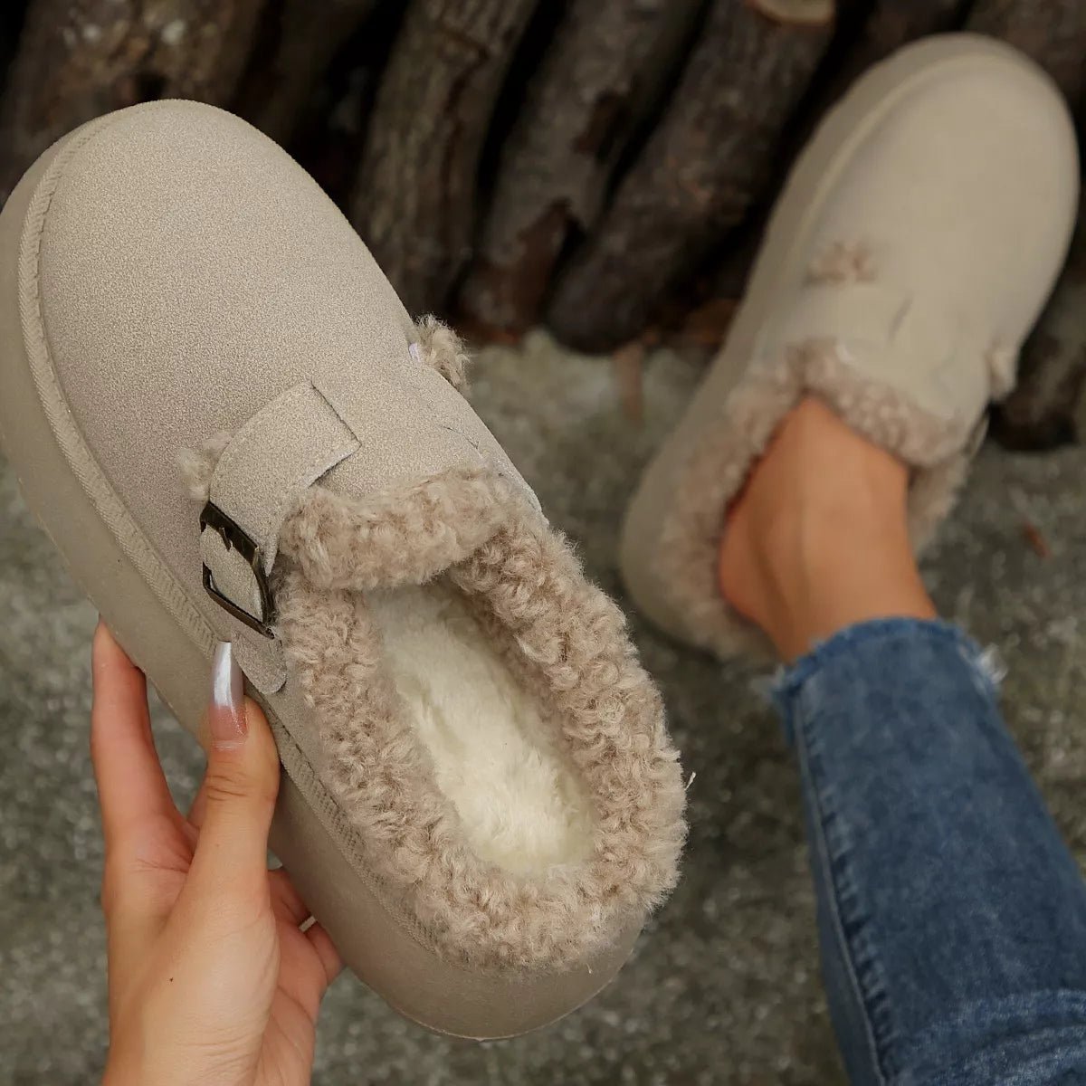 Fuzzy Trim Buckle Platform Slippers - Loving It Shop