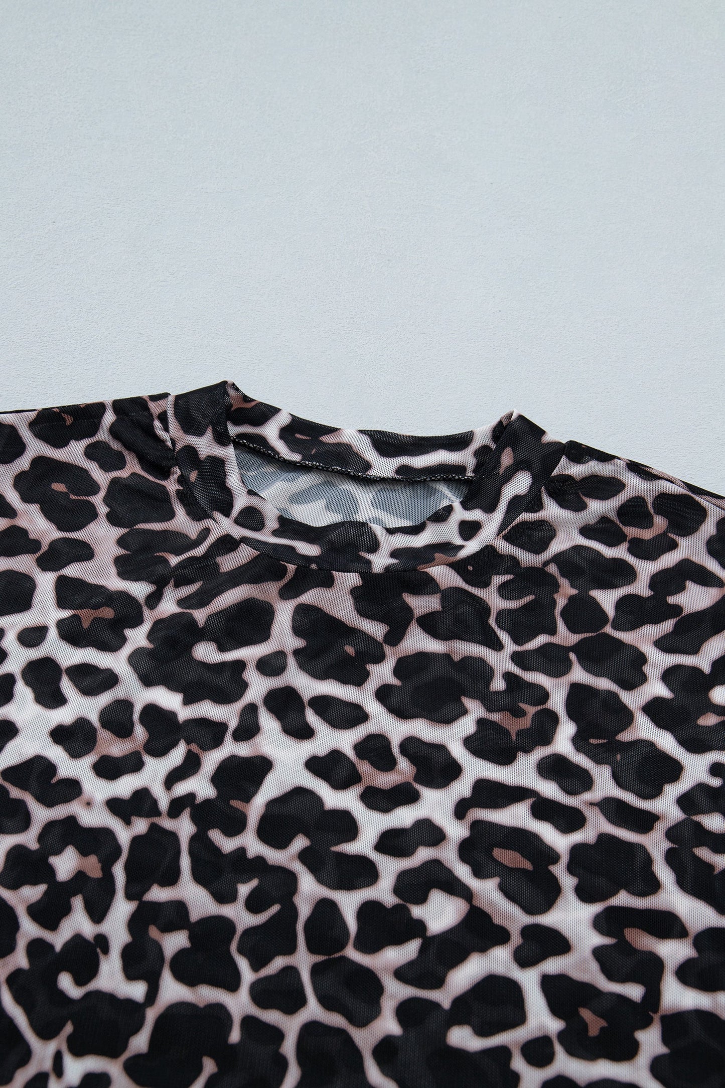 Khaki Leopard Print Sheer Mesh Short Sleeve Top