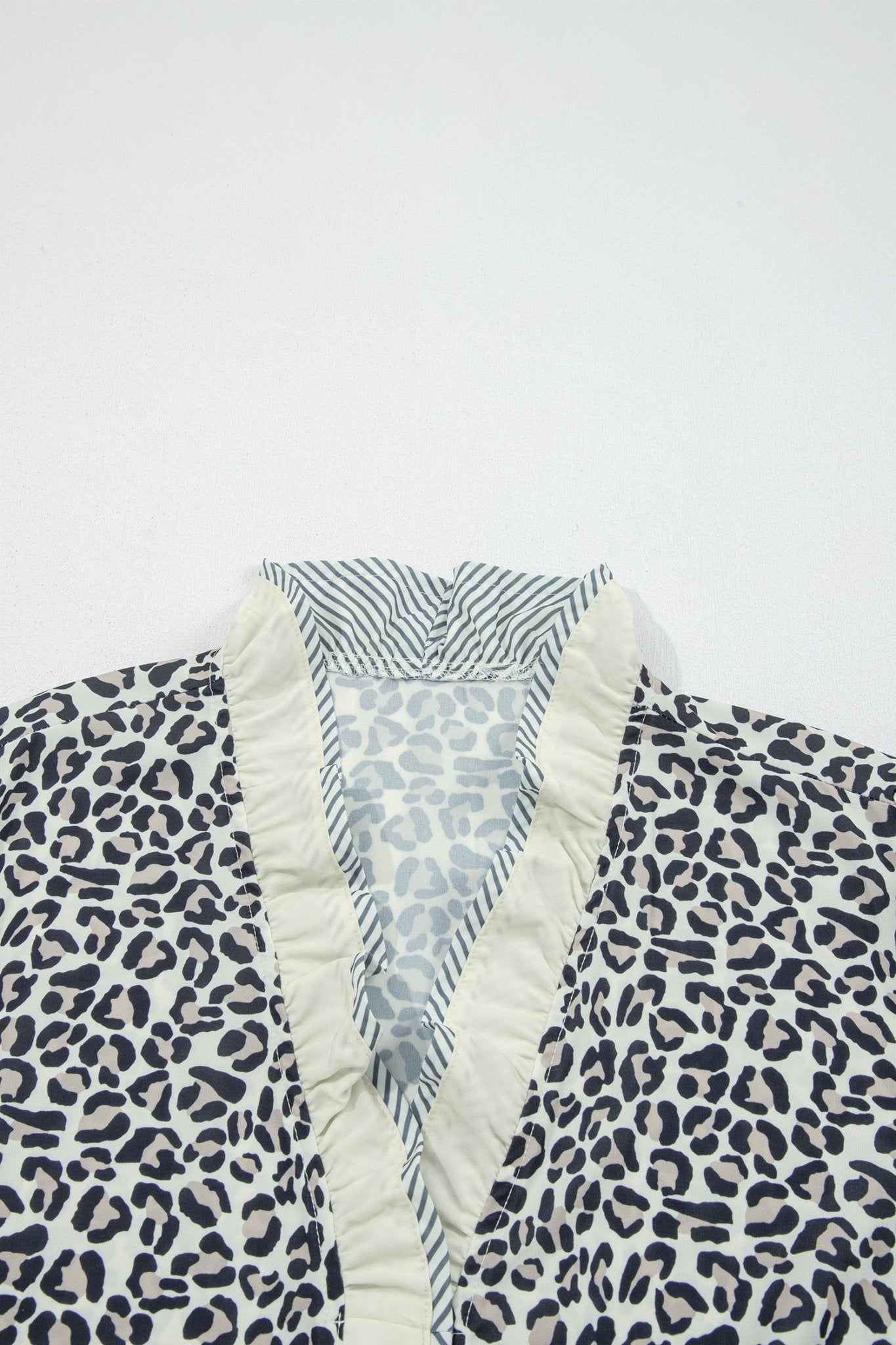 Black Plus Leopard Print Striped Color Block Trim Frilled V Neck Short Sleeve Blouse - Loving It Shop