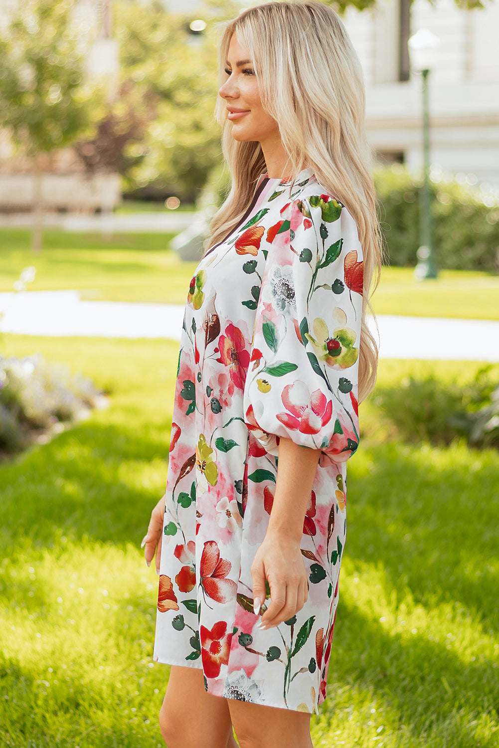 Red Floral Contrast Striped V Neck Puff Half Sleeve Shift Dress