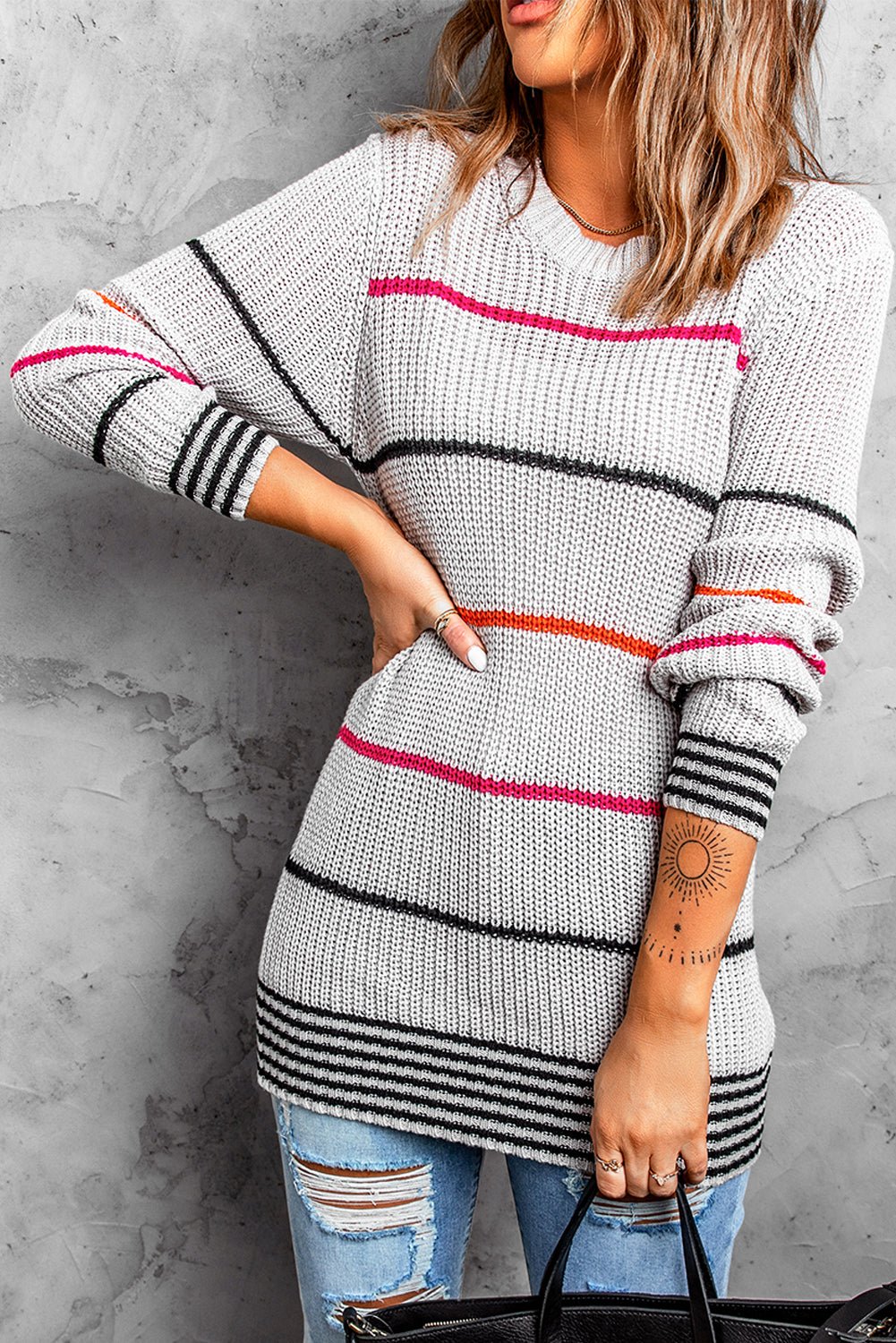 Gray Ribbed Knit Striped Sweater - Loving It Shop