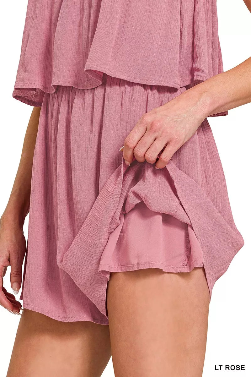 Woven Crinkle Strapless Rompers
