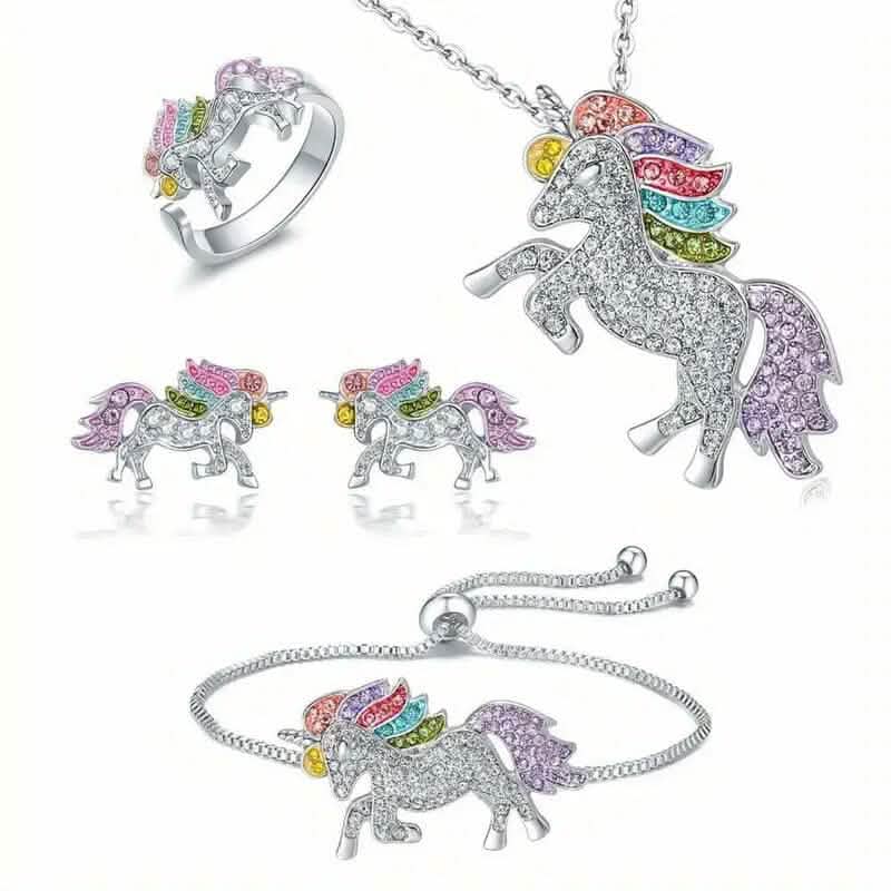 Colorful Cartoon-Themed Unicorn Earrings, Necklace, Ring &amp; Bracelet Jewelry Set