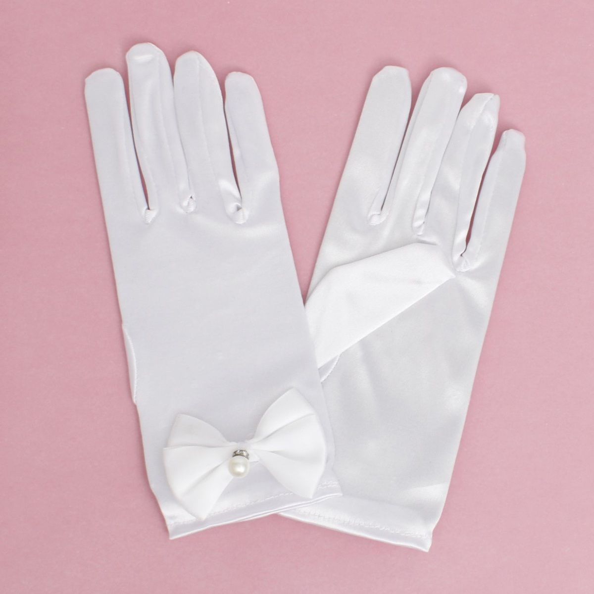 Women’s Formal Satin Gloves with Pearl and Bow Detail – Elegant Chic Accessory