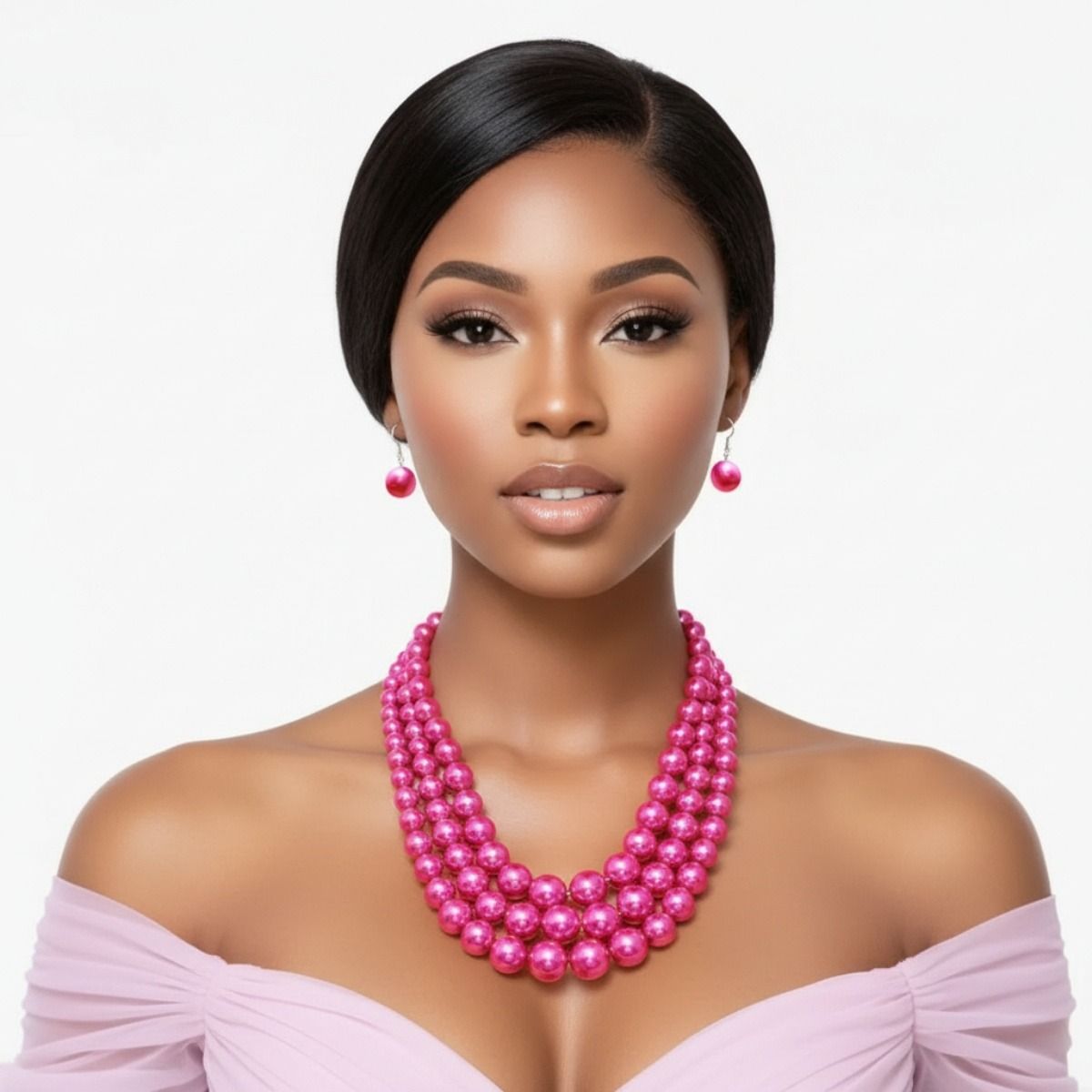 Multi Strand Fuschia Pearl Statement Necklace Set Stylish Chic Jewelry