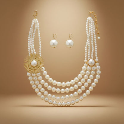 Statement Chunky Necklace Cream Pearl Floral Detail 4 Layer Layered Chic Jewelry