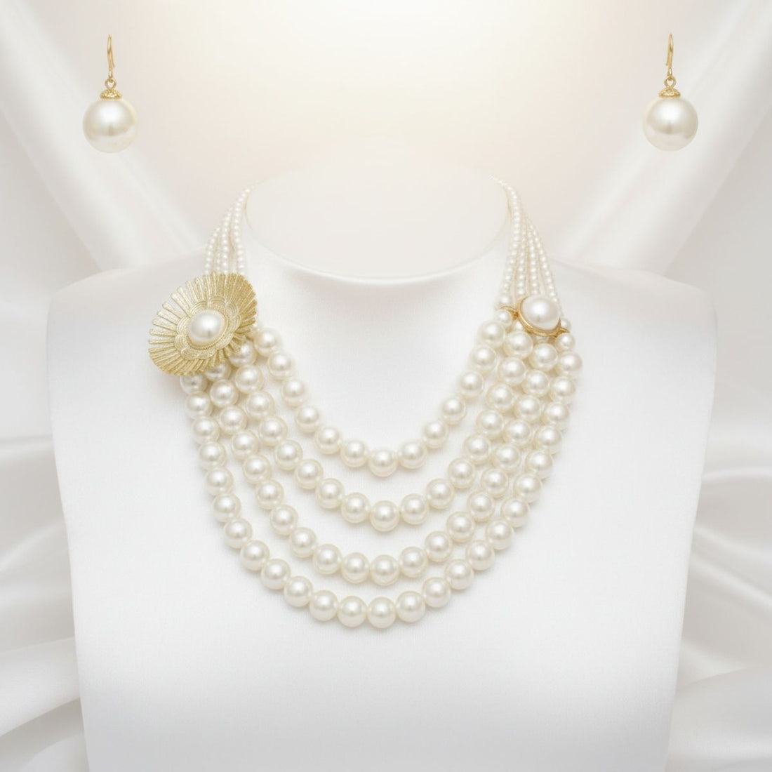 Statement Chunky Necklace Cream Pearl Floral Detail 4 Layer Layered Chic Jewelry