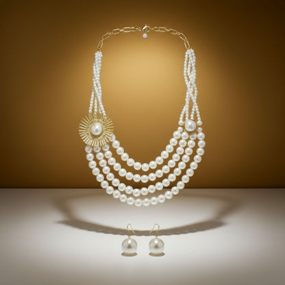 Statement Chunky Necklace Cream Pearl Floral Detail 4 Layer Layered Chic Jewelry