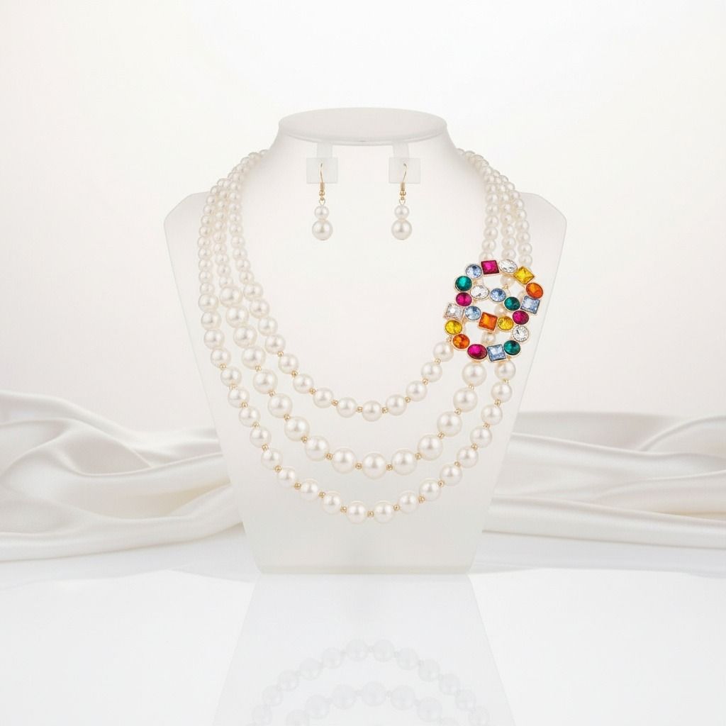 Statement Necklace Set Multi-Color Infinity Ring with 3-Layer Pearl Necklace Trendy Elegant Jewelry