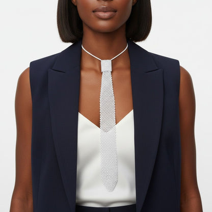 Statement Choker Necklace White Mesh Bling Tie Boss Lady Trendy Accessory