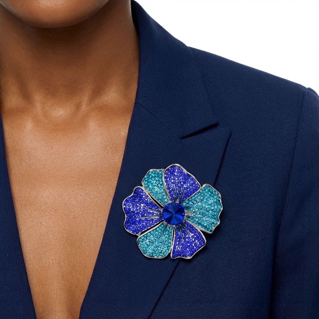 Statement Brooch Large Silver Flower Pin with Royal and Aqua Blue Accents