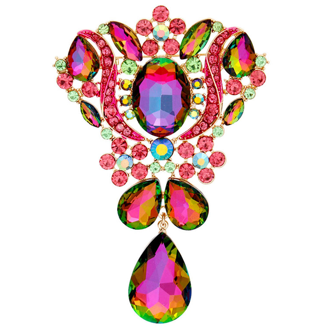 Statement Brooch Large Green Crystal Pink Rhinestone Pin Stylish Fashion Accessory