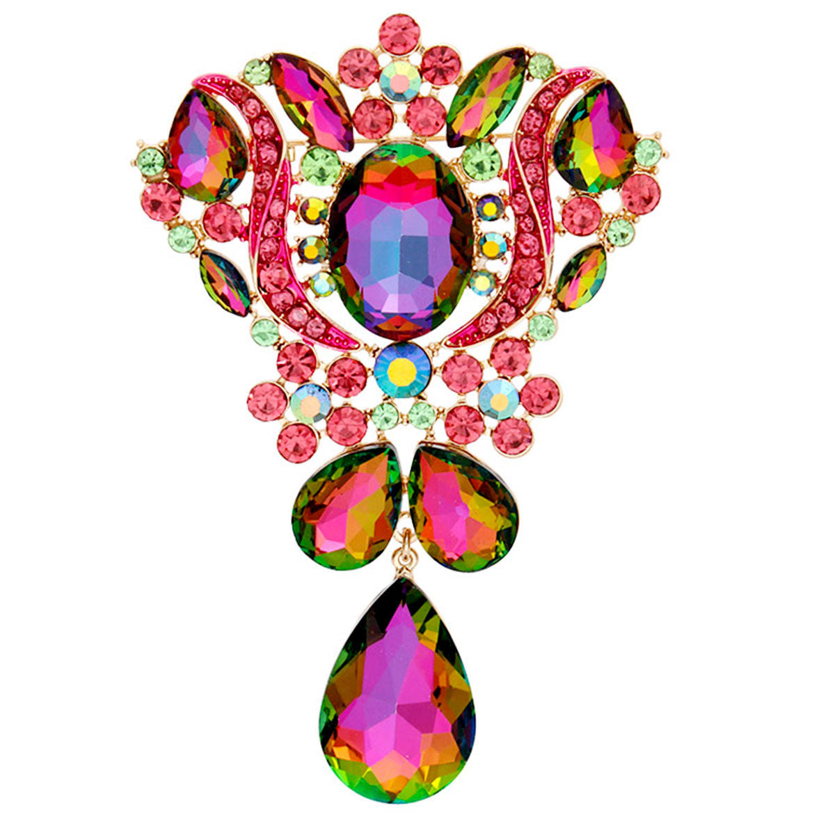 Statement Brooch Large Green Crystal Pink Rhinestone Pin Stylish Fashion Accessory