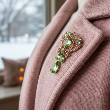 Statement Brooch Large Green Crystal Pink Rhinestone Pin Stylish Fashion Accessory