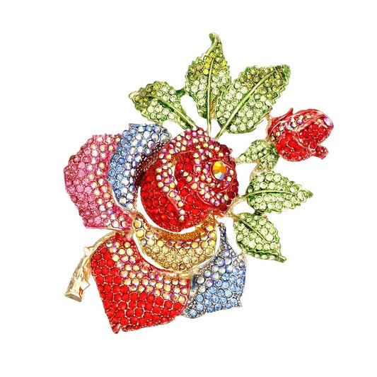 Statement Brooch Rose Stoned Bloom Multicolor XL Pin Women Stylish Accessory