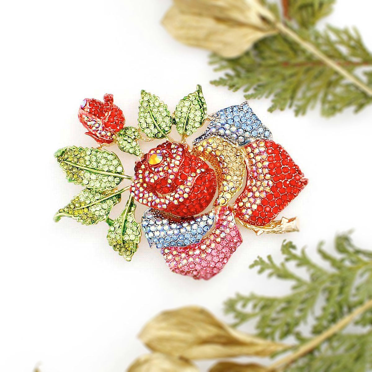 Statement Brooch Rose Stoned Bloom Multicolor XL Pin Women Stylish Accessory