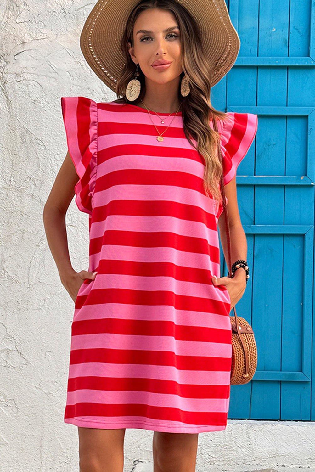 Red Stripe Flutter Sleeve Round Neck Shift Dress - Loving It Shop